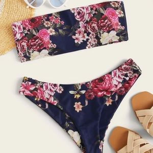 SHEIN strapless bathing suit - Navy with flowers